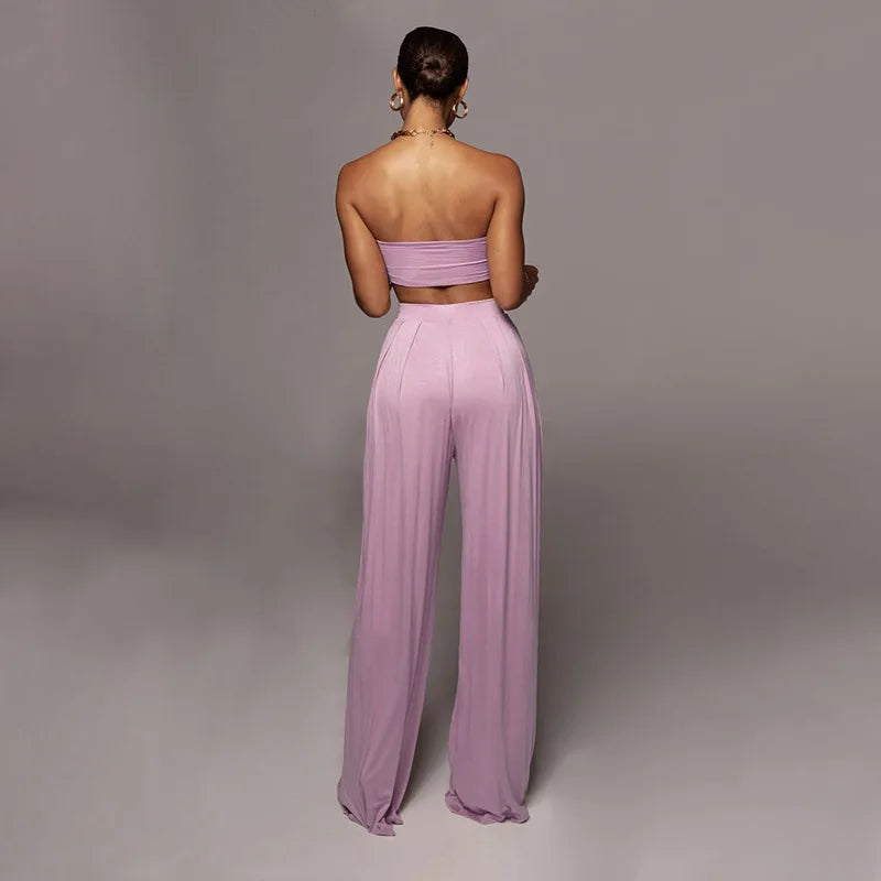 Sleeveless Bowknot Design Tube Top+ Wide Leg Pants Women's Solid Color 2-Piece Set
