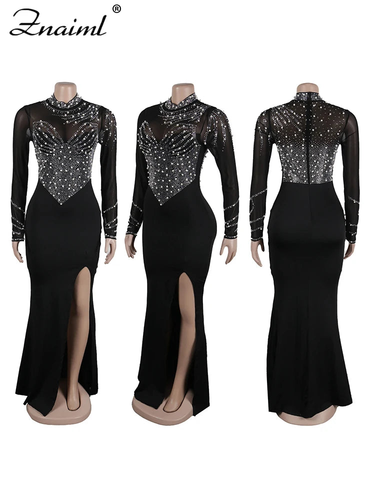 Mesh Sheer Transparent Patchwork Long Sleeve Diamond Rhinestone Mermaid Prom Formal Floor-Length Dress