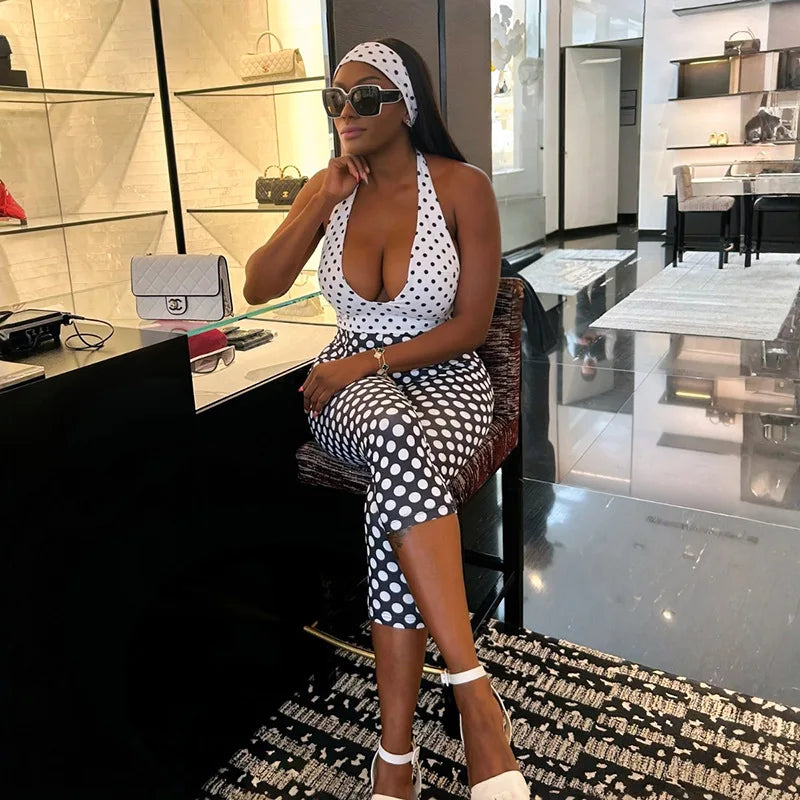 Black/White Polka Dot Print Bodycon Halter Neck Deep V-Neck Backless Women's Streetwear Jumpsuit