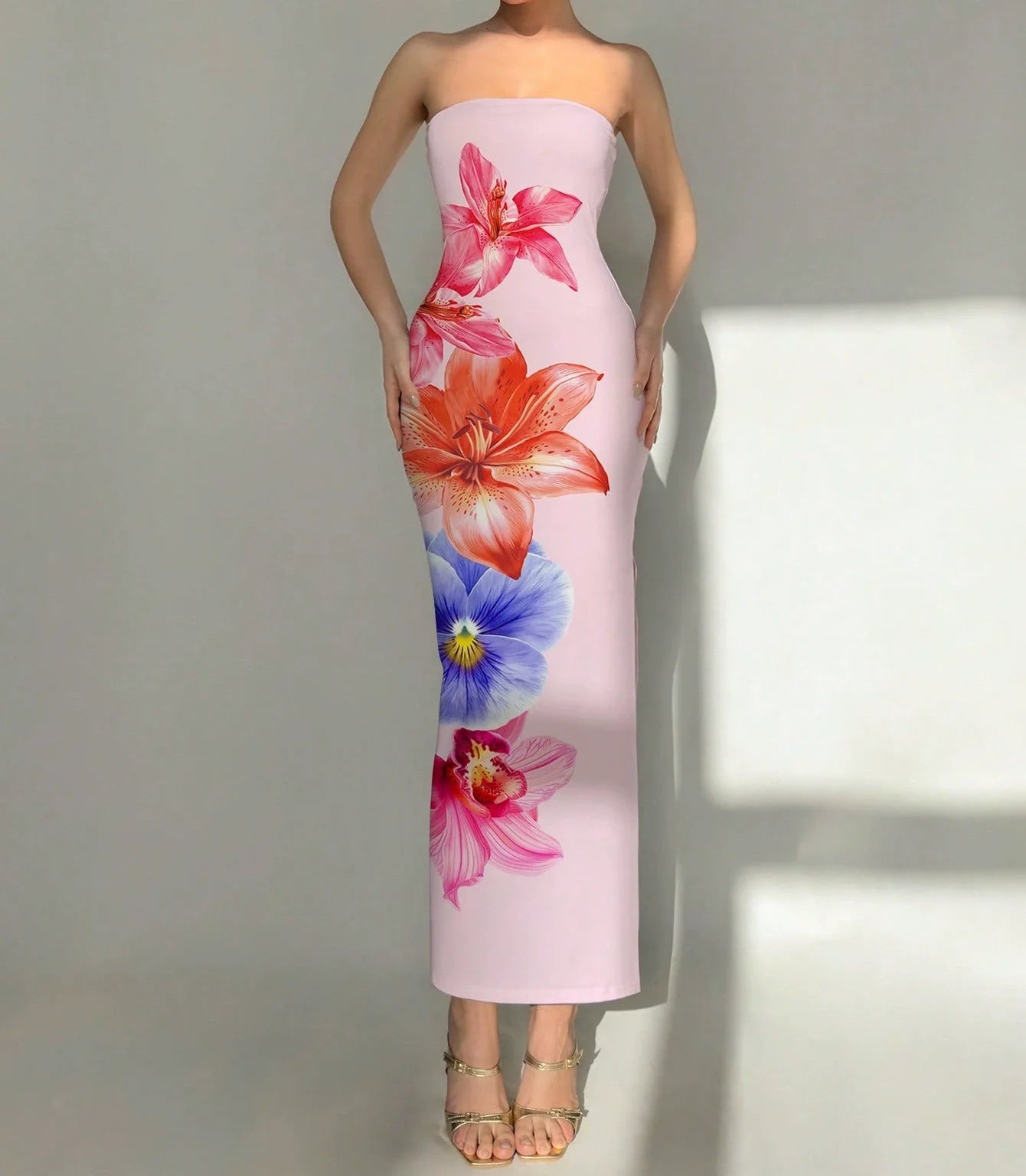 Sleeveless Big Flower Print Bodycon Skinny Maxi Tube Dress