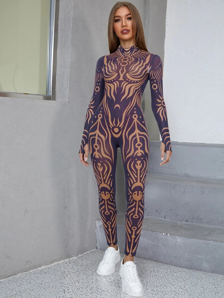 Black Sheer Turtleneck Long Sleeve Transparent Skin Tight Women's Jumpsuit