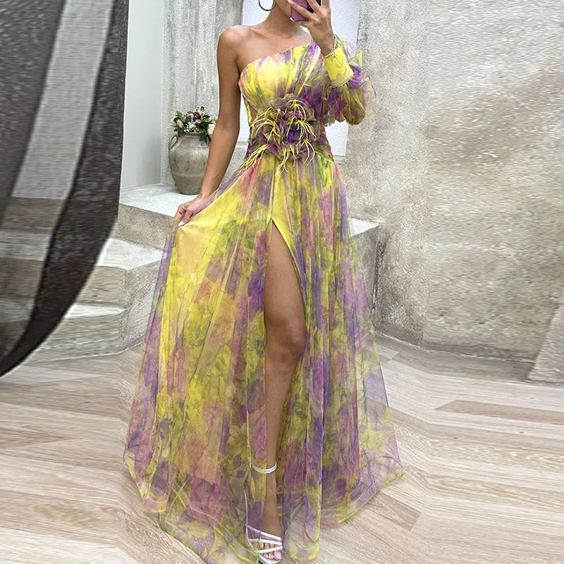 Mesh Diagonal Collar Flower Print One Shoulder Sleeve High Slit Dress