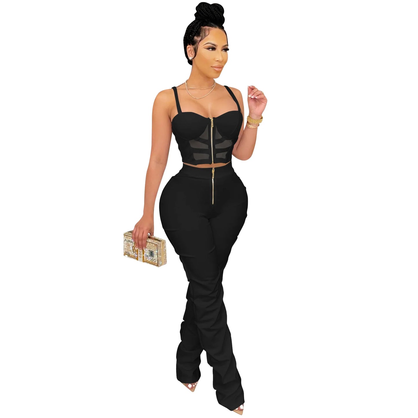 Corset Top Hollow-Out Zipper Front Cropped Tank Top + Stacked Zipper Front Pants Women's 2-Piece Set