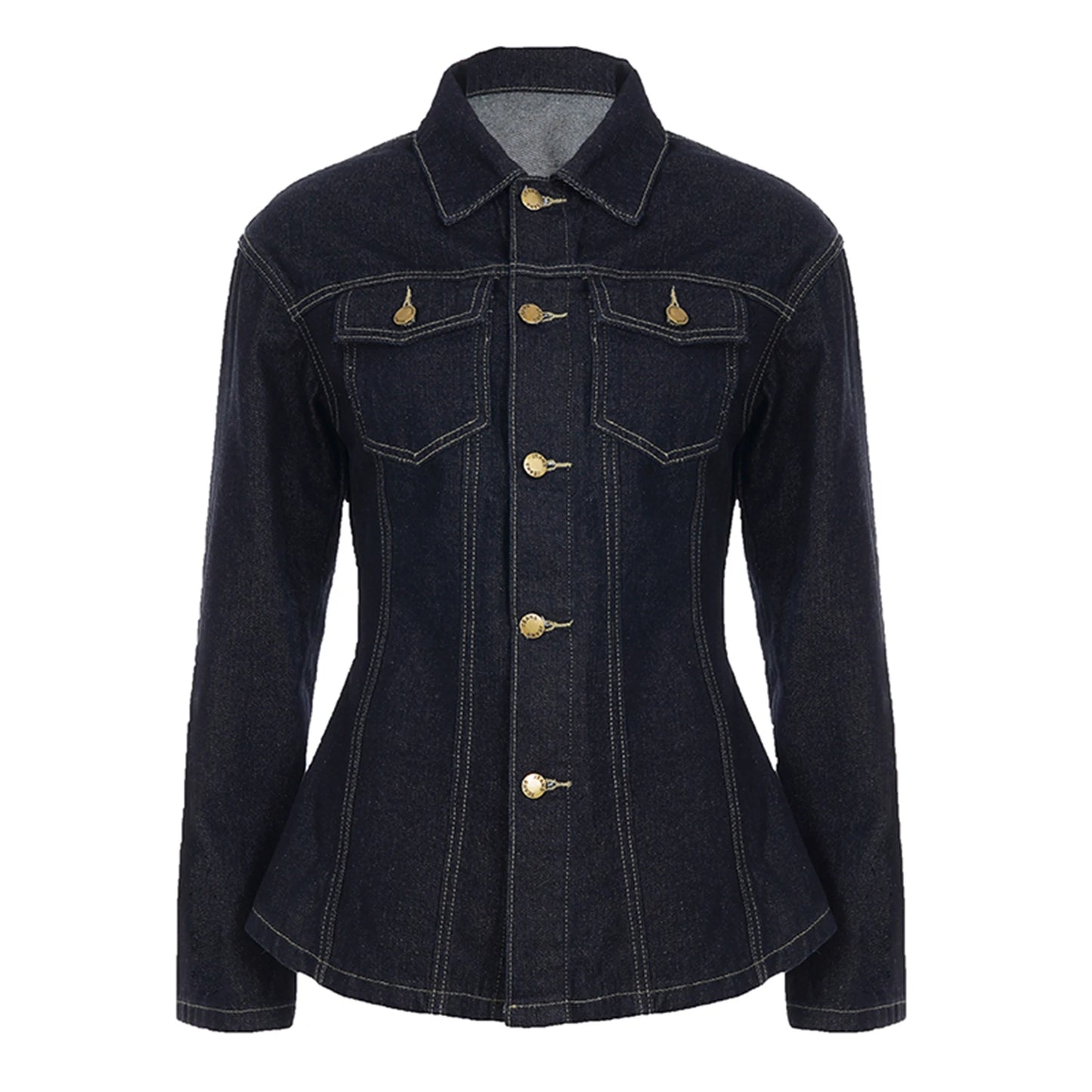 Denim Dark Blue Gold Button Detail Long Sleeve Turn-Down Collar Solid Color Women's Jean Jacket