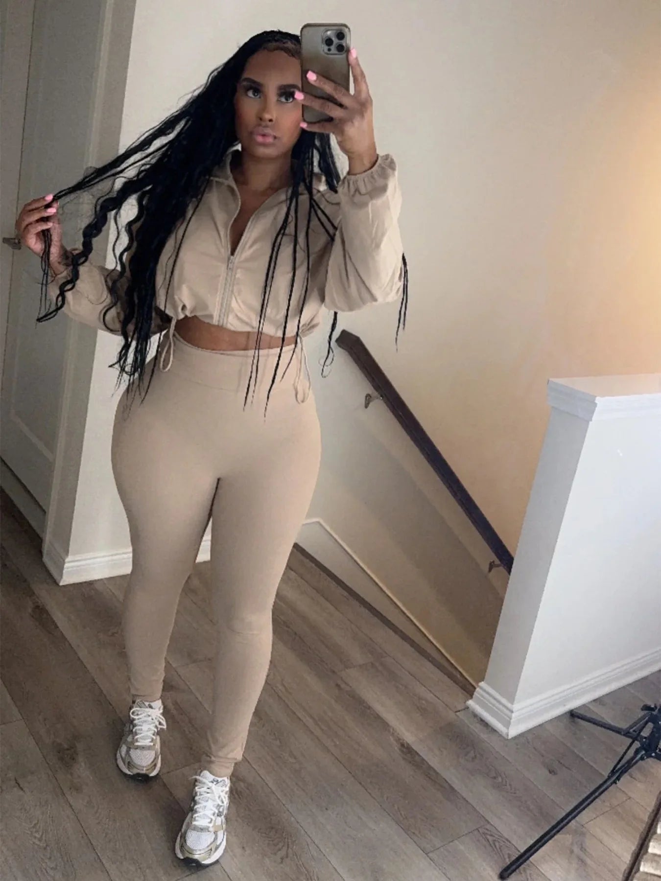 Pullover Women's Long Sleeve Drawstring Zipper Cropped Sweatshirt + Elastic Waist Leggings Tracksuit