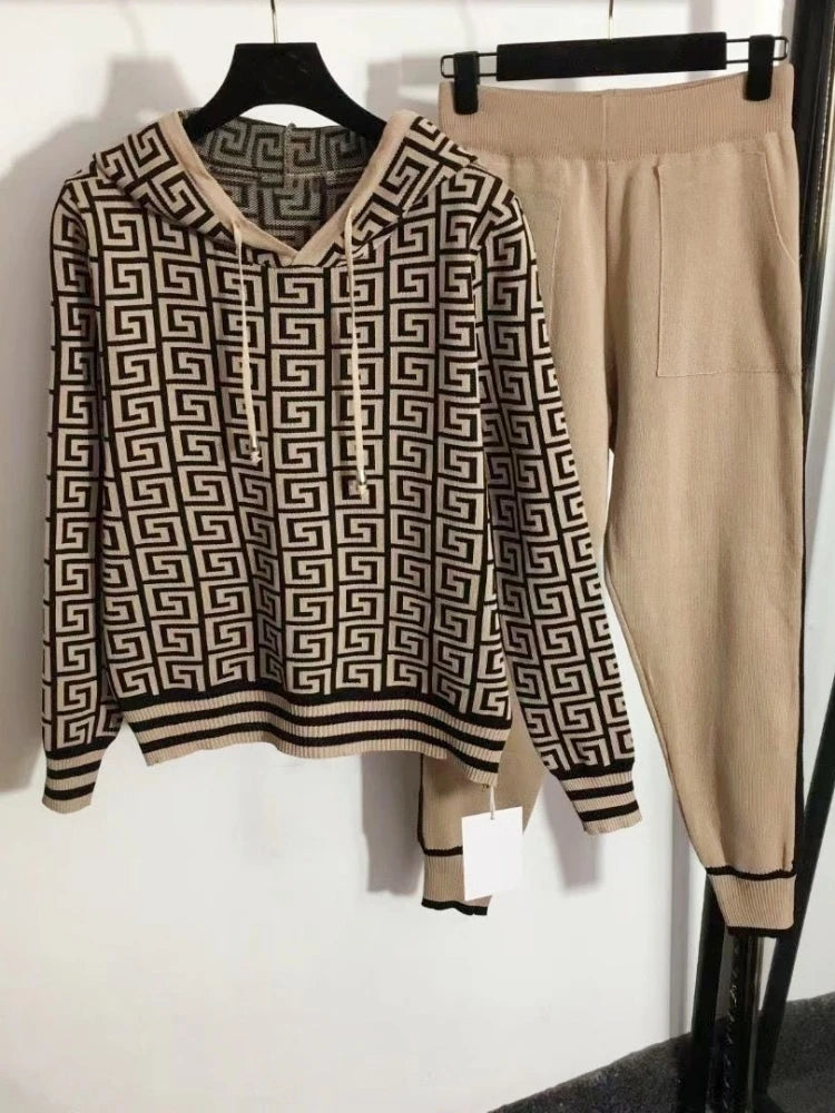 Geometric Jacquard Knitted Sweater Hoodie + Solid Pants Women's 2-Piece Set