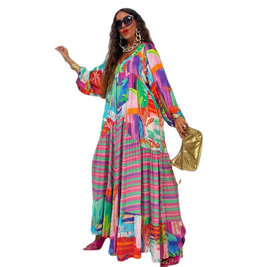 Oversized Long Sleeve V-Neck Printed Maxi Dress to 3X Plus