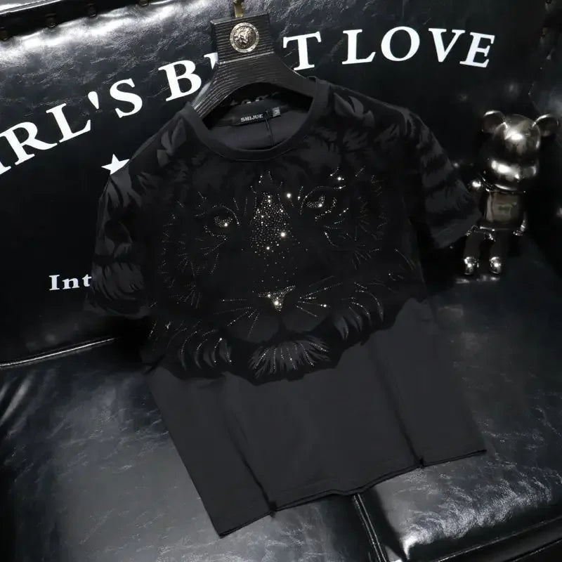 Rhinestone Green/Black Tiger Print Men's O-Neck Short Sleeve T-Shirt to 7X Big & Tall