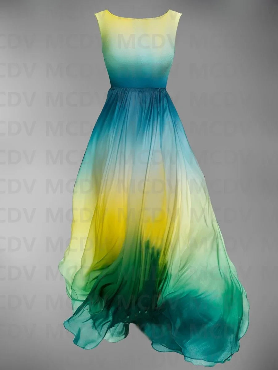 Rainbow Gradient/Plaid/Polka Dot/Striped Colorblock 3D Print Sleeveless O-Neck Swing Midi Dress to 3X Plus Size