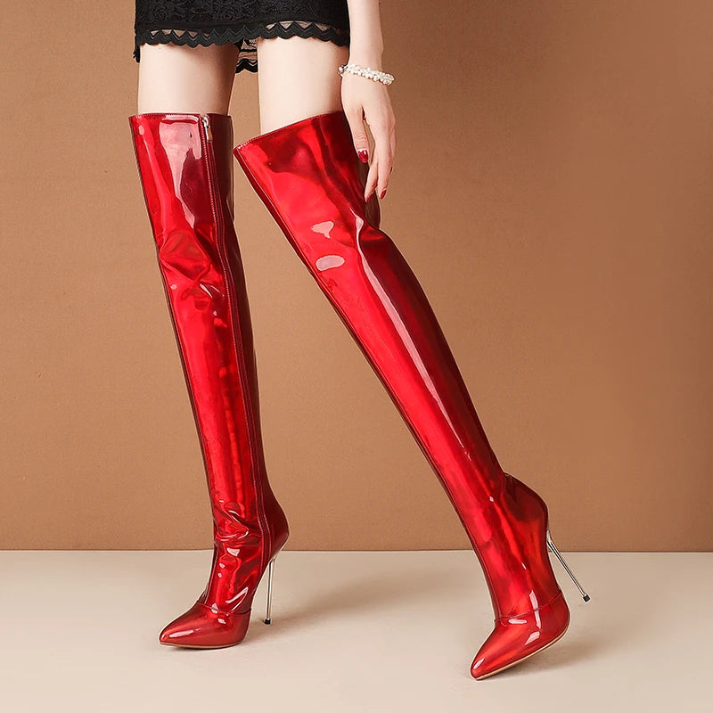 Patent Leather Solid Color Over-the-Knee Stiletto Metal Heel Embellished Zipper Boots