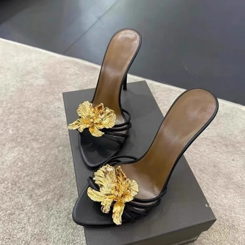 Metal Flower Decor Fashion Women's Stiletto High Heel Slip-On Sandal Pumps