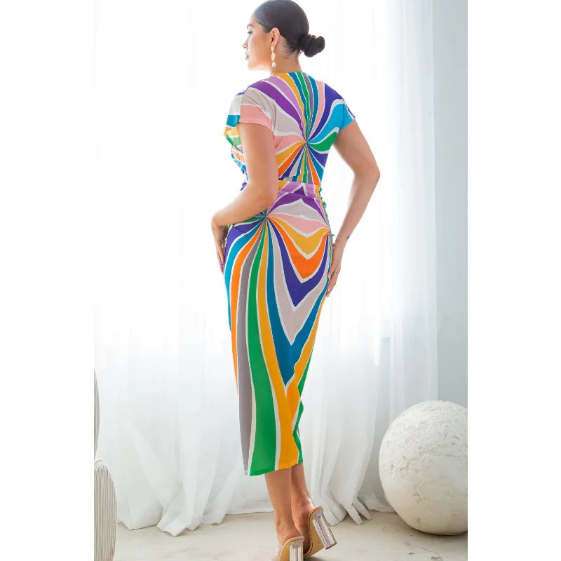 Geometric Swirl Digital Printed Sleeveless Deep V-Neck Evening Bodycon Dress