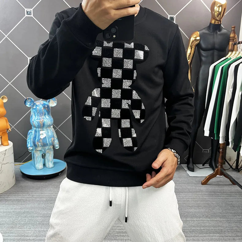 Men's O-Neck Rhinestone Checkered Teddy Bear Streetwear Sweatshirt