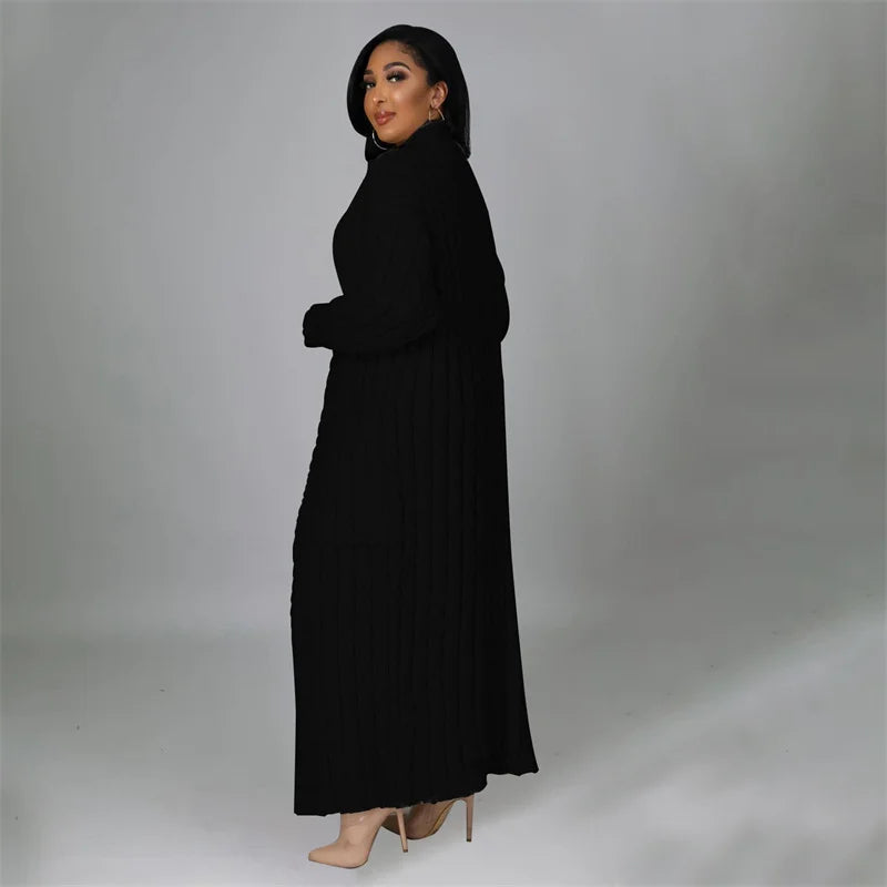 Knitted Weave Pattern Ribbed Maxi Cardigan Sweater