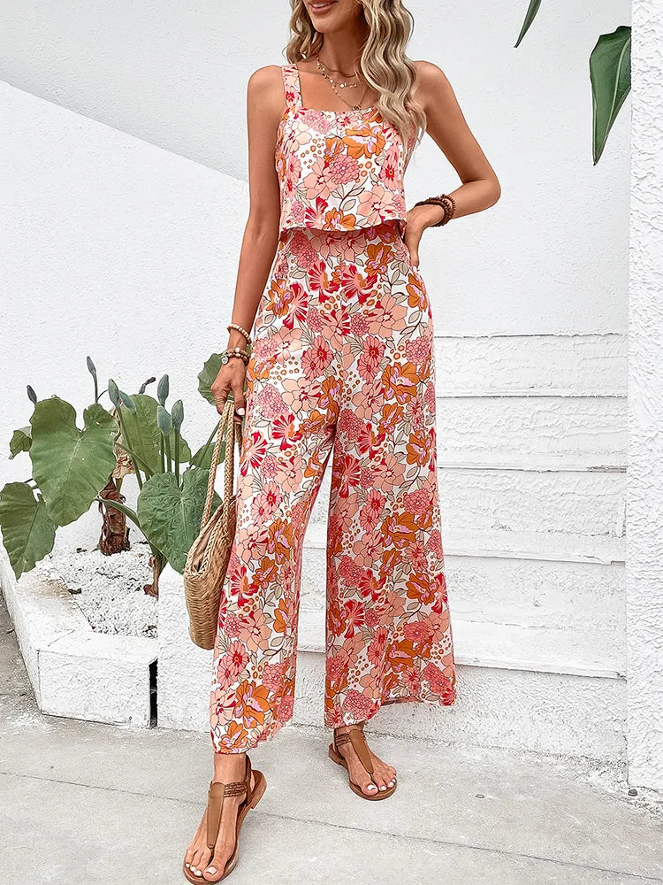 Flower Print  Backless Wide Leg Sleeveless Halter Jumpsuit