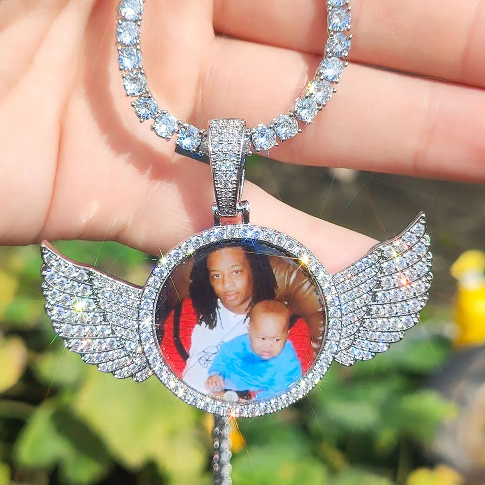 Customized Angel Wing Round Memory  Personalized Picture Pendant Tennis Chain Necklace