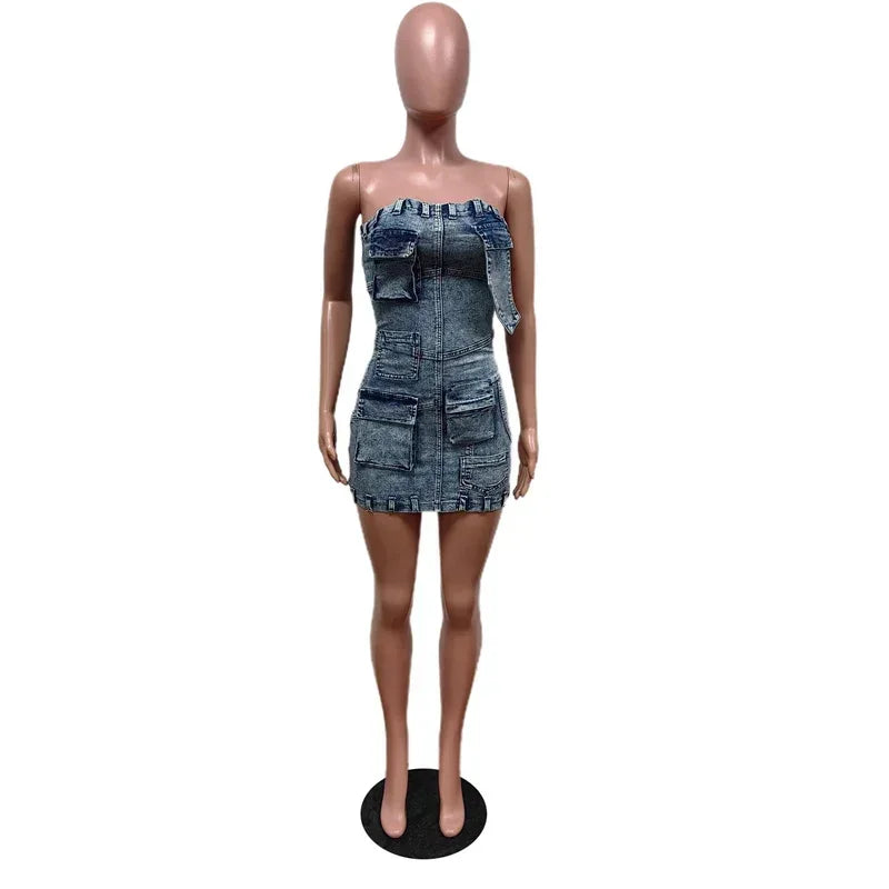 Denim Light Blue Washed Faded  Sleeveless Tube Top Design Cargo Pocketed Streetwear Mini Jean Dress