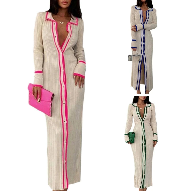 Striped Turn-Down Collar Long Sleeve Cardigan Maxi Bodycon V-Neck Button-Up Sweater Dress