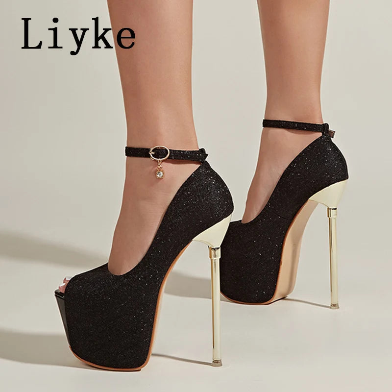 Platform Super High Stiletto  Open Toe Buckle Strap Stripper Pumps