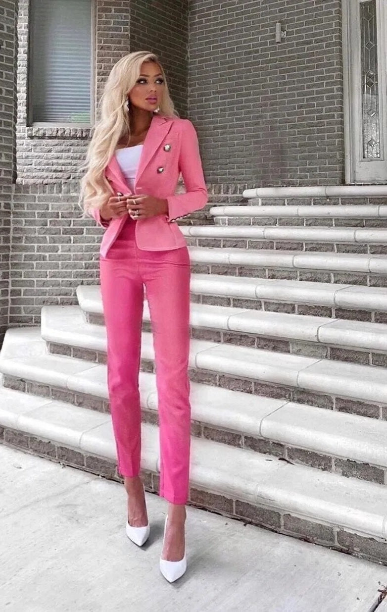 Double Long Sleeve Breasted Blazer + Matching Trouser Pants Women's Business Suit