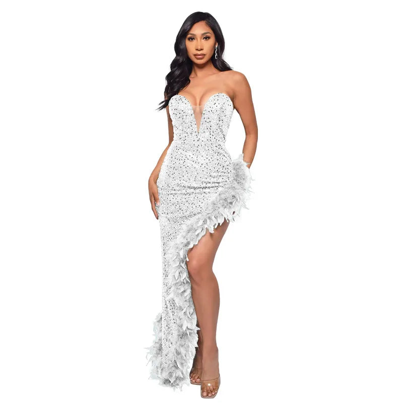 Tube Feather Hem Sparkling Crystal Sleeveless Backless High Side Slit Bodycon Formal Party/Prom Maxi Evening Dress