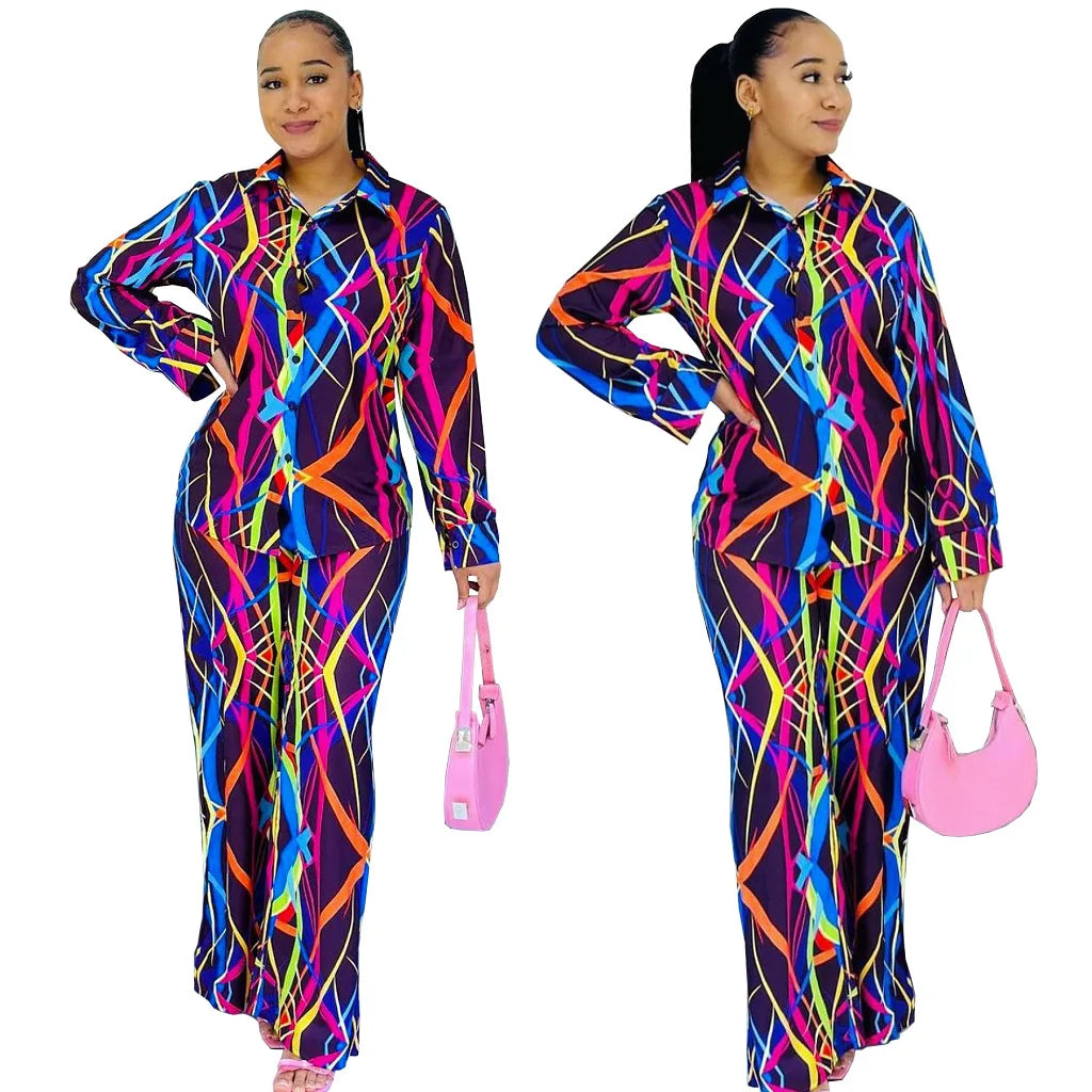 Abstract Print Long Sleeve V-Neck Turn Down Collar Blouse + Pants 2-Piece Set