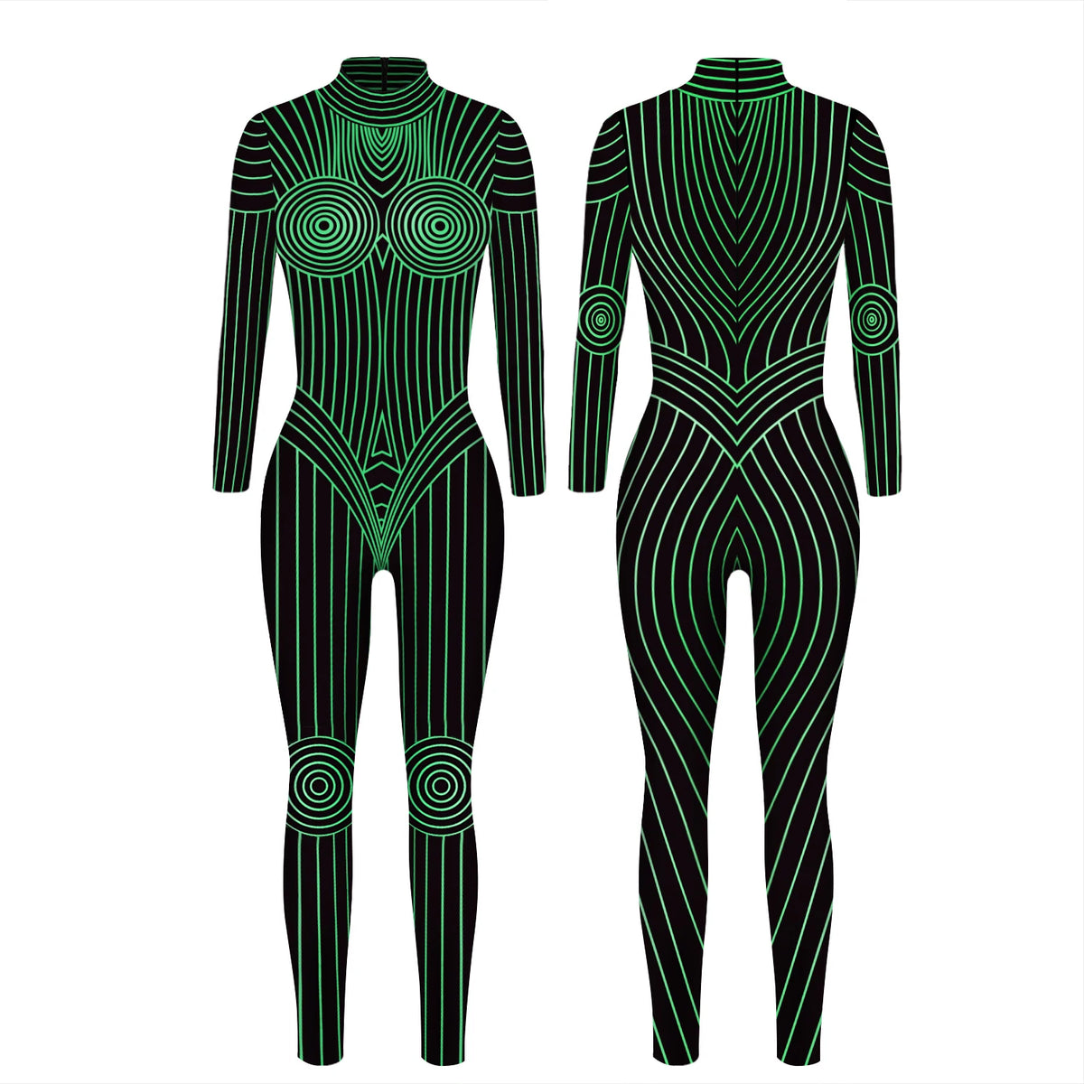 Geometric Striped Print Skin Tight Long Sleeve Cosplay Women's Jumpsuits