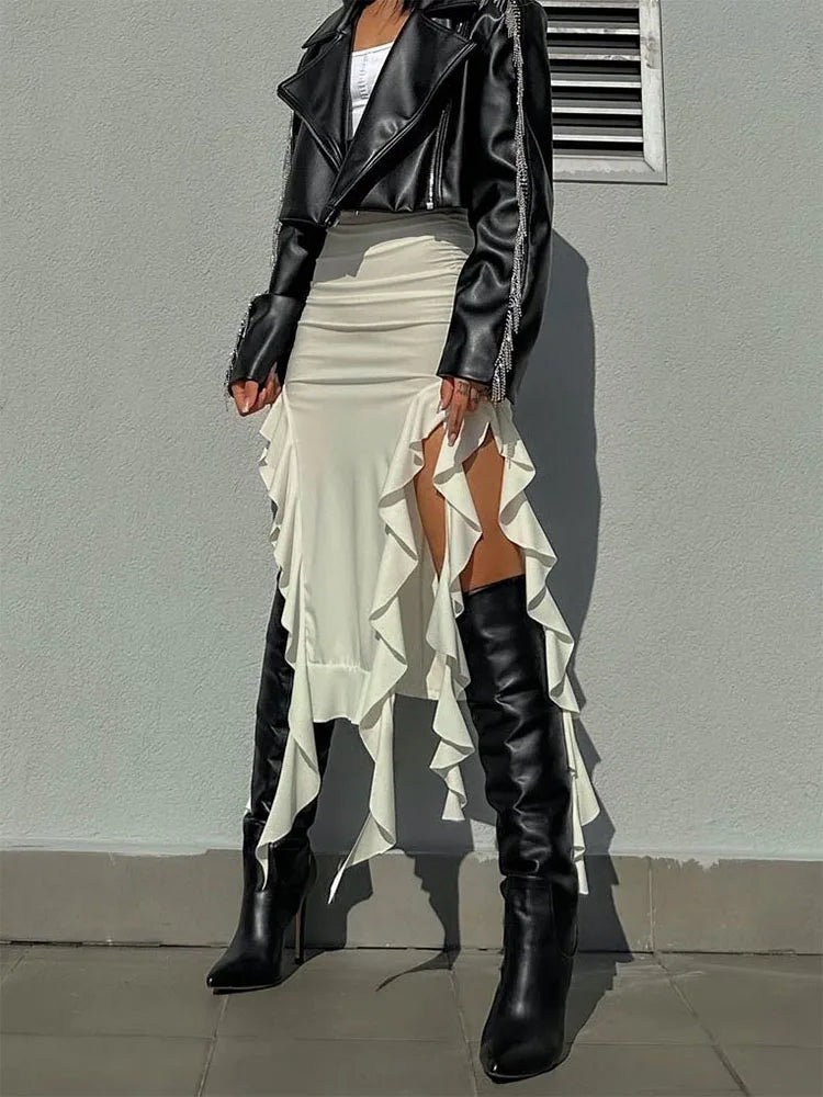 Metallic/Solid Ruched Hollow Out Tassel Design Side Slit Bodycon Maxi Skirt