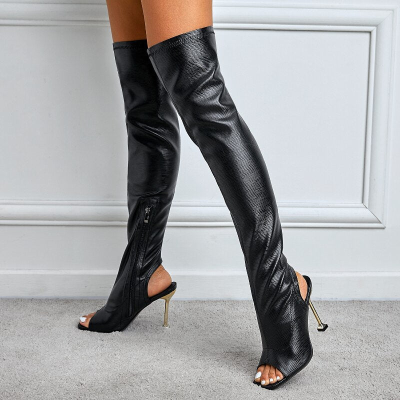 Leather Thigh High Over-The-Knee Sexy Open Toe Boots