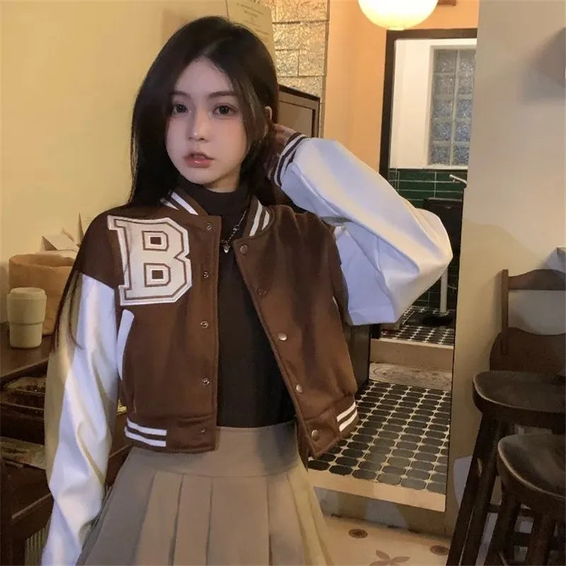 Lettermans Patchwork Button Cropped Varsity Bomber Jacket