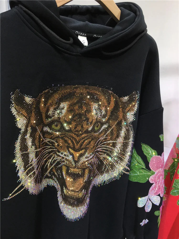 Sparkling 3D Rhinestone Fleece Padded Women's Leopard Tiger Hoodie Sweatshirt