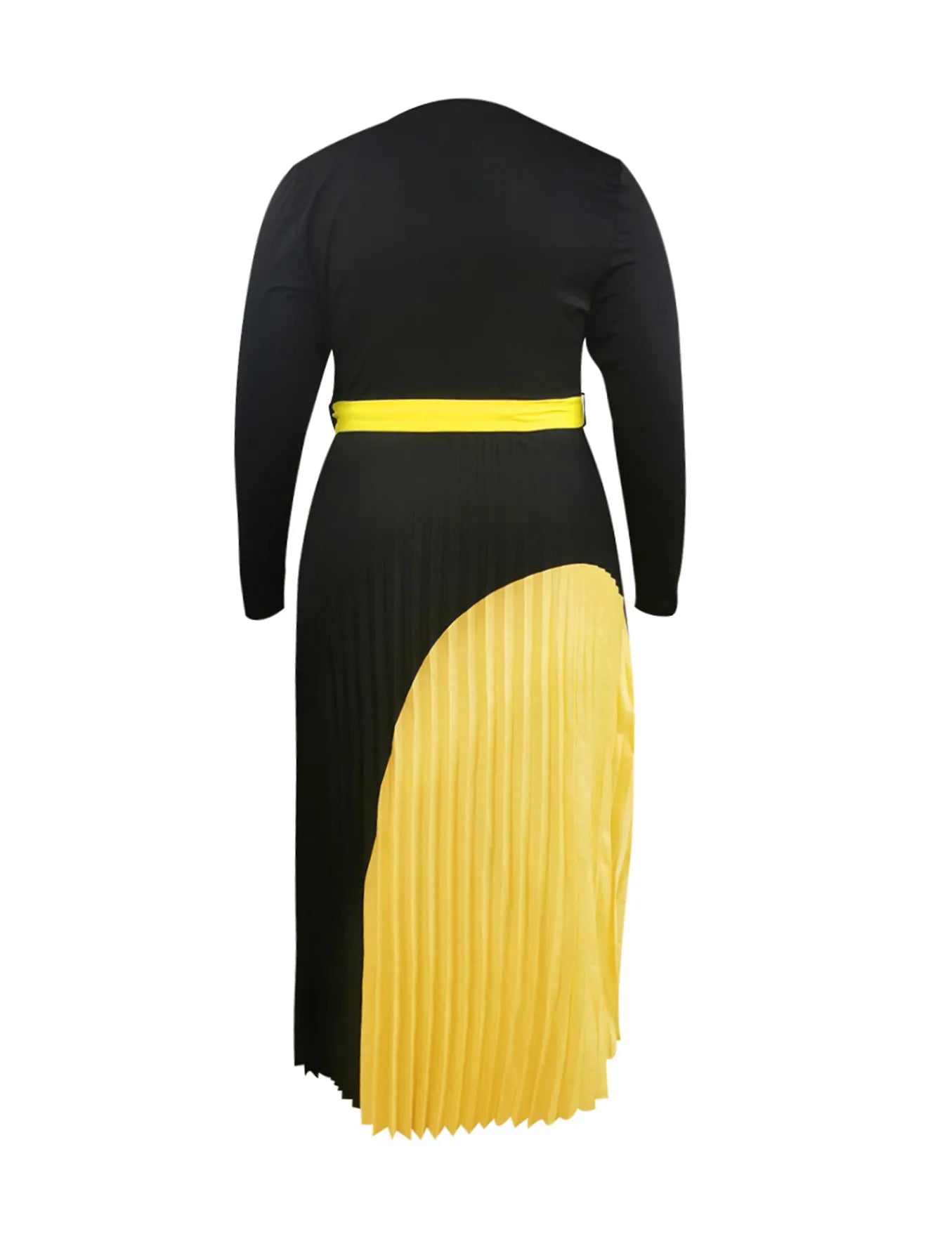 Colorblock Pleated Bandage Tiered Belted Long Sleeve V-Neck Sash Belt Maxi Dress to 5X Plus Size