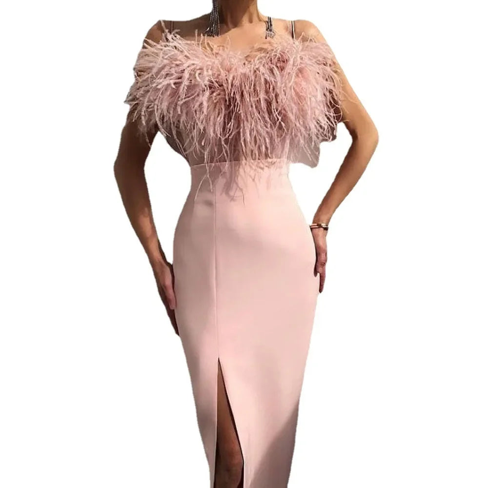 2024 New Cross-border Spring Summer Women's Fashion Tank Feather Dress Elegant Slimming Arm-covering Gown For Banquets