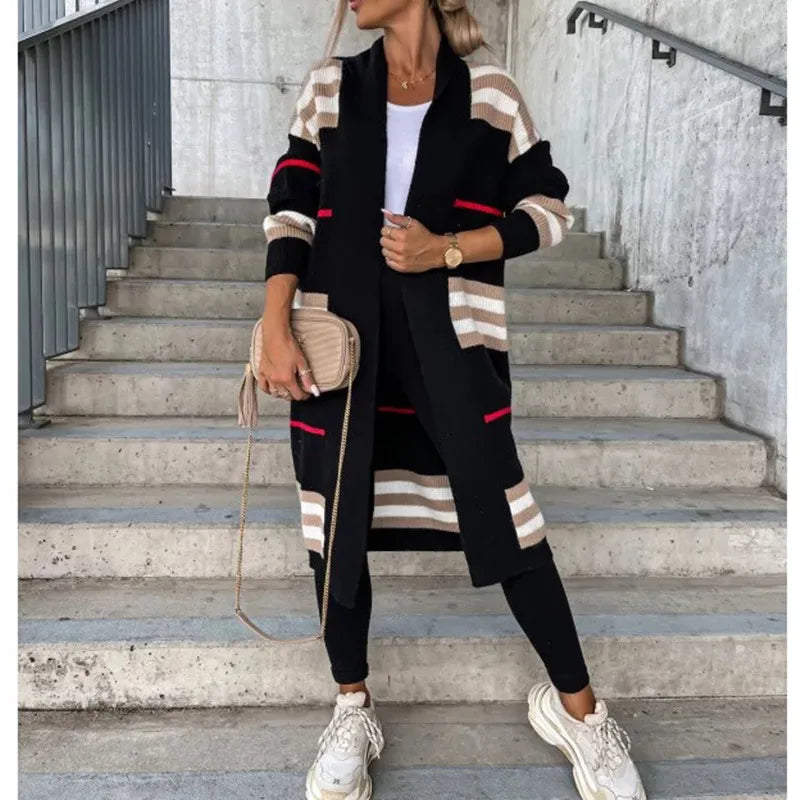 Oversized Colorblock Striped Women's Knitted Patchwork Maxi Sweater