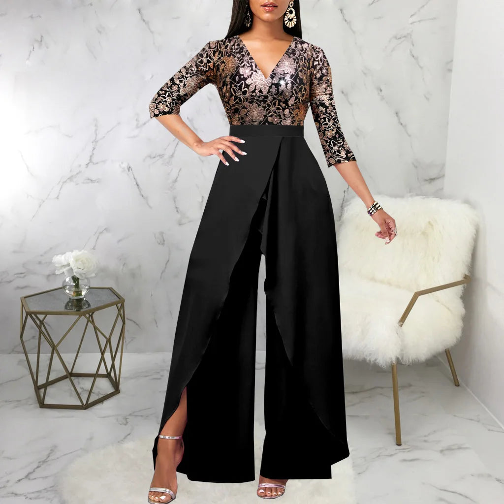 Metallic Floral Long Sleeve V-Neck Women's Wide Leg Pants Evening Party Jumpsuits