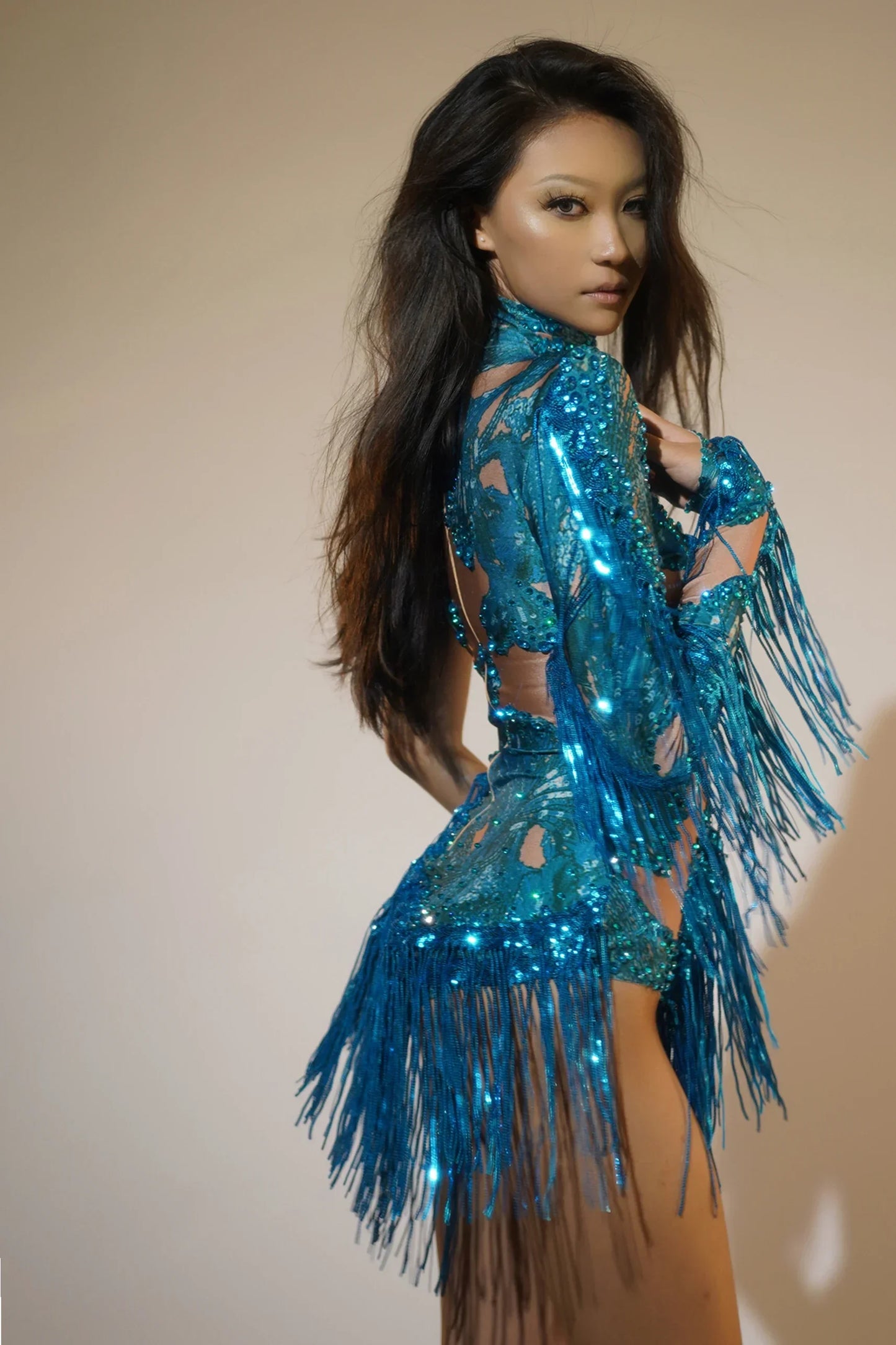 Sparkling Crystal Rhinestone Asymmetrical Fringe One Shoulder Hollow-Out Performance Costume Bodysuit