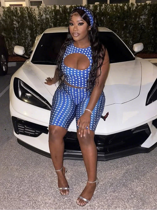 Blue Polka Dot Print O-Neck Hollow-Out Crop Top + Skinny Biker Shorts Women's 2-Piece Set