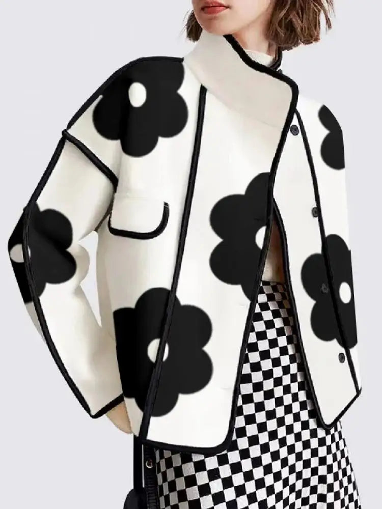 Black Flower Print Long-Sleeved Button Front Ladies Short Coat