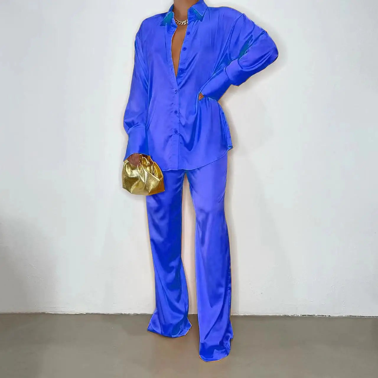 Satin Turn Down Collar Solid Long Sleeve Blouse + Matching Drawstring Pants 2-Piece Set