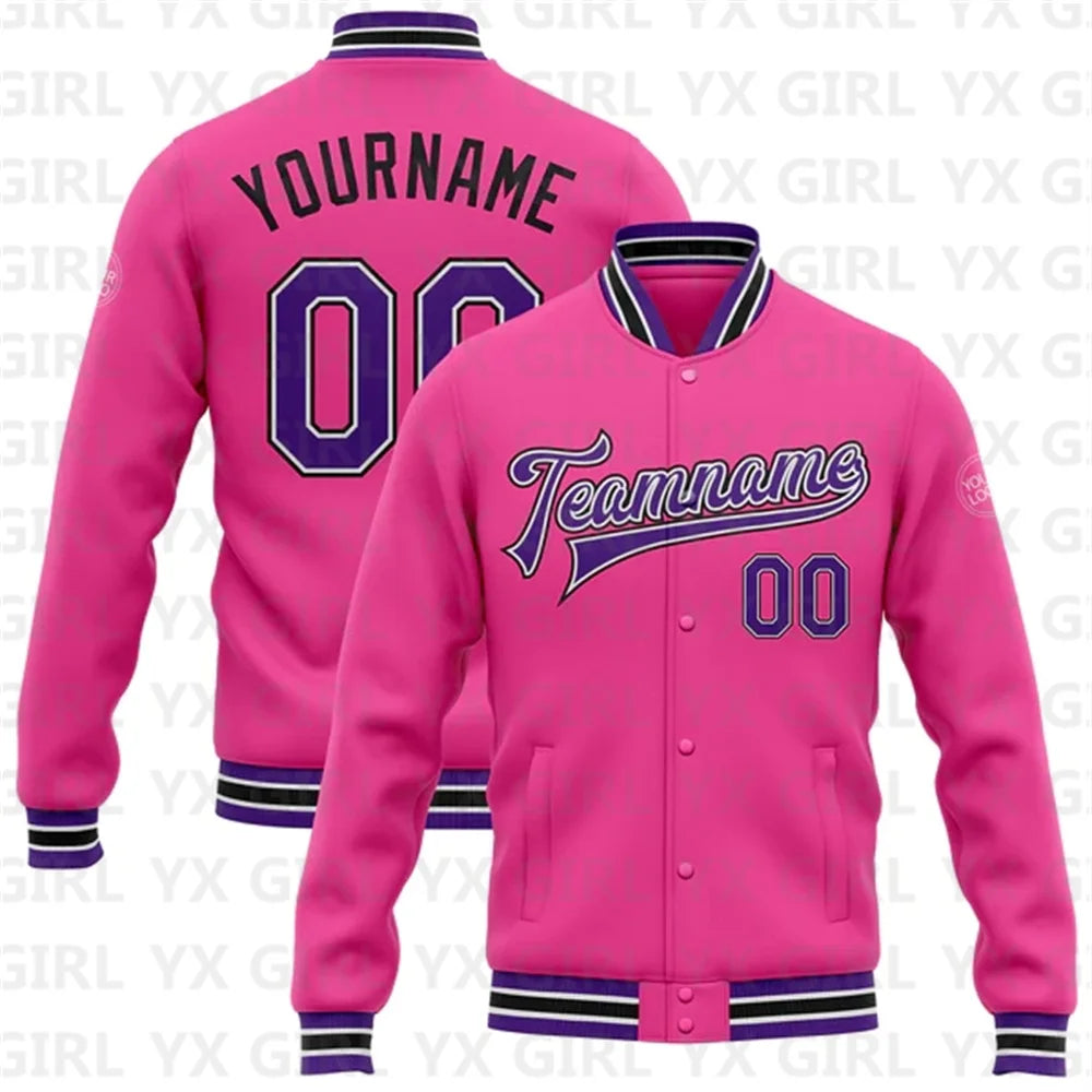 Customized Unisex Red Black-White Personalized Name Letter Print/Team Name 3D Print Full-Snap Varsity Letterman's 2-Tone Baseball Button-Up Bomber Jacket