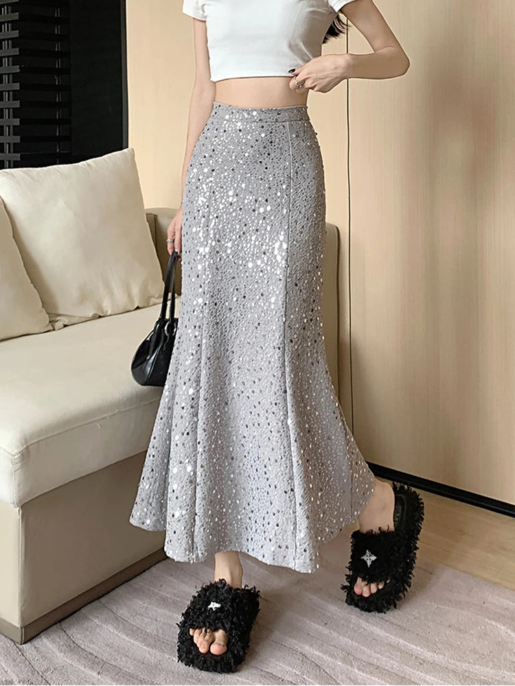 Sequined Glitter Solid Fishtail Mermaid Wrap Hip Maxi Skirt