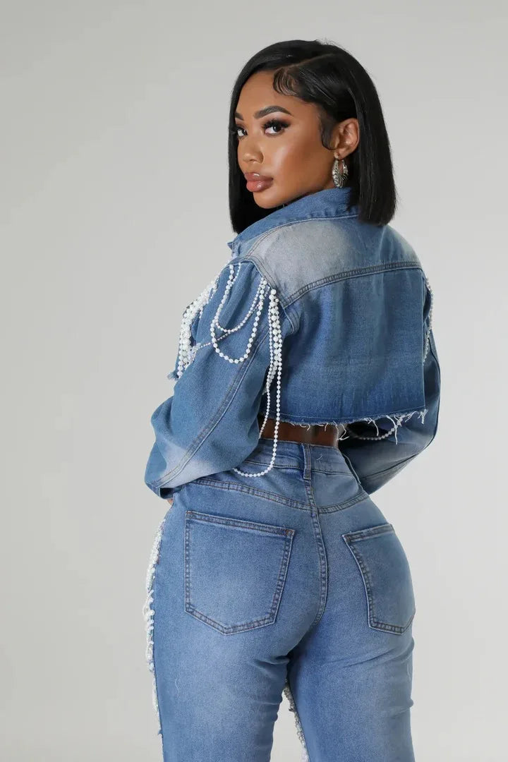 Denim Pearl Tassel Chain Embroidered Long Sleeve Women’s Turn-Down Collar Western Rodeo Jean Jacket OR Jeans-SOLD AS SEPERATES