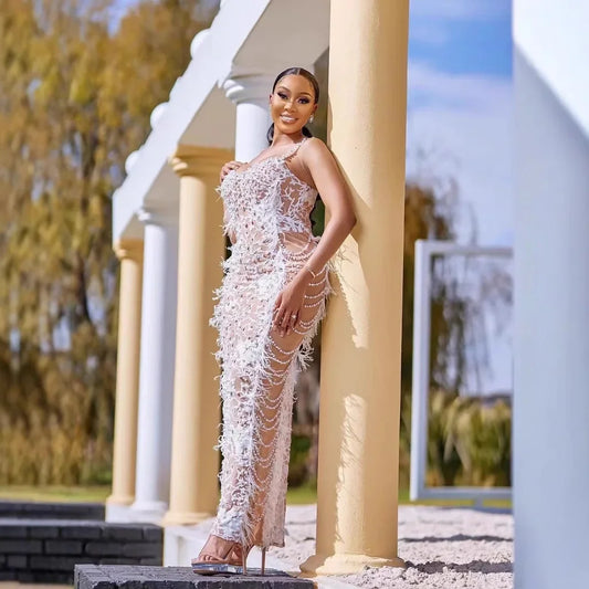 White Mesh Pearl Feather Design Hollow-Out V-Neck Sleeveless Maxi Formal Party Dress