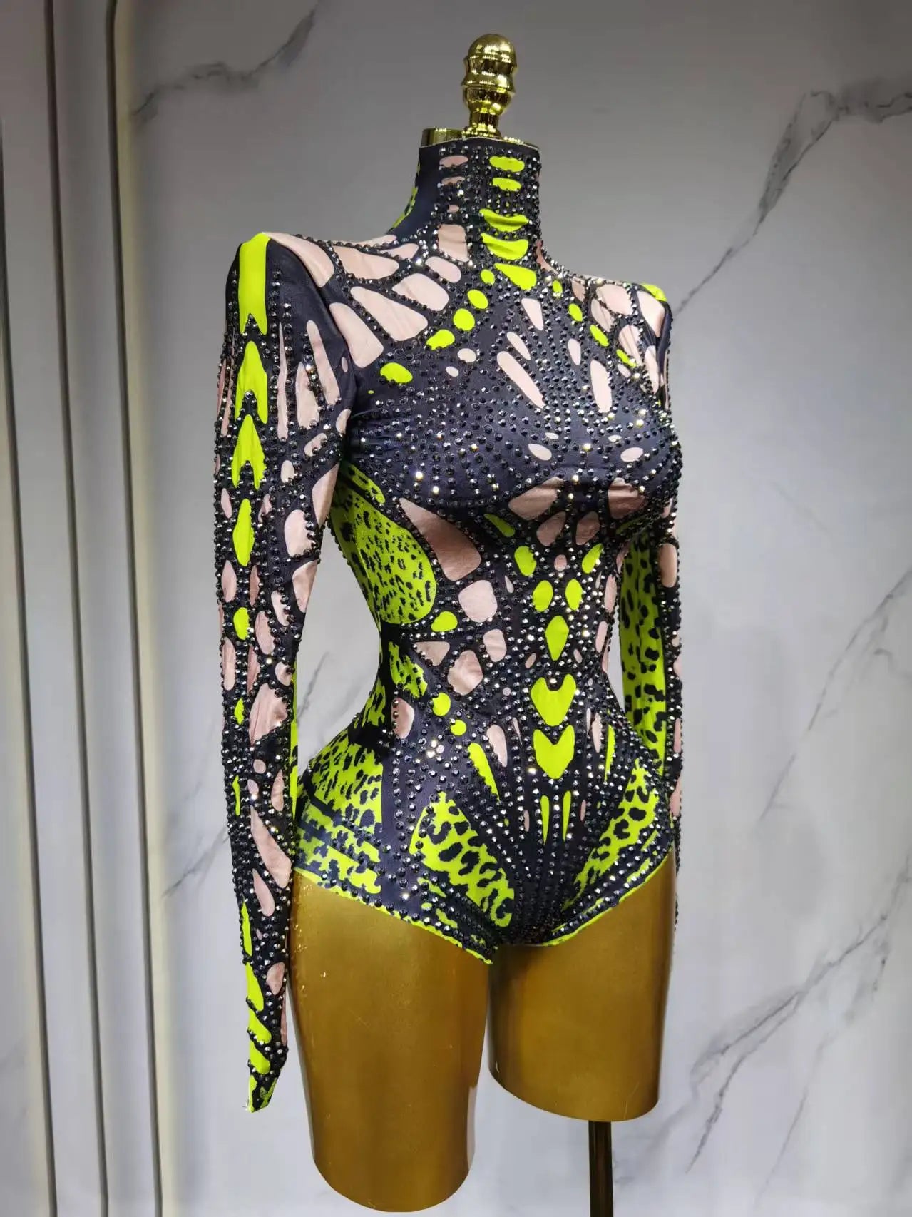 Sparkling Rhinestone Hollow-Out Long Sleeve Stage Formal Stage Performance Skin Tight Bodysuit