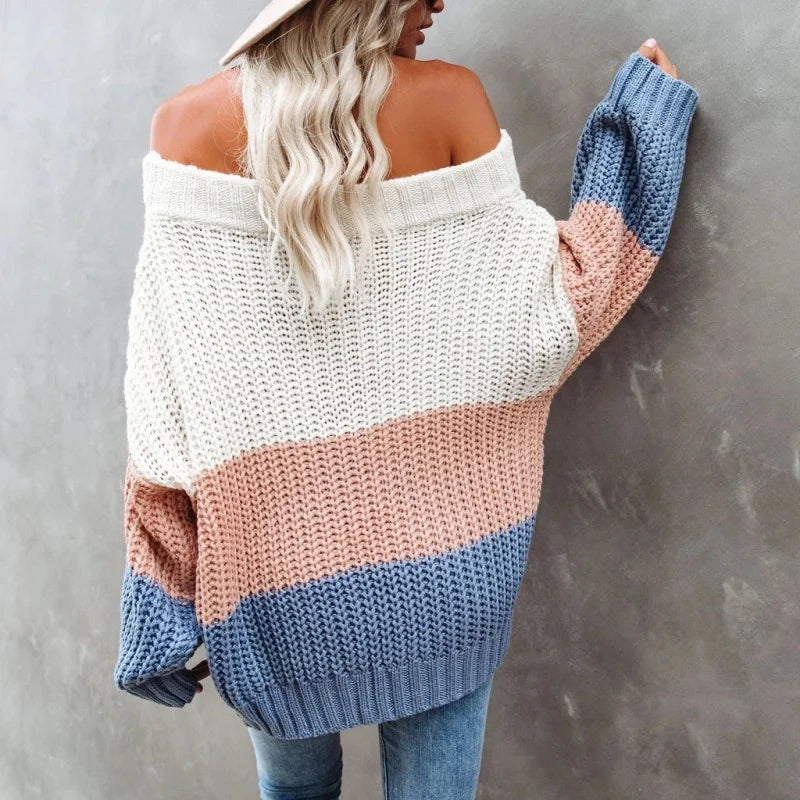 Colorblock Knitted Off-the-Shoulder Long Sleeve Women's Sweater