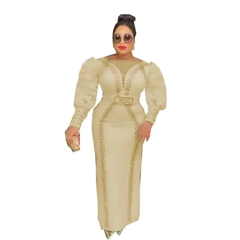 Rhinestone Sheer Belted Puff Balloon Sleeve Formal Wedding Evening Bodycon Formal Maxi Dress