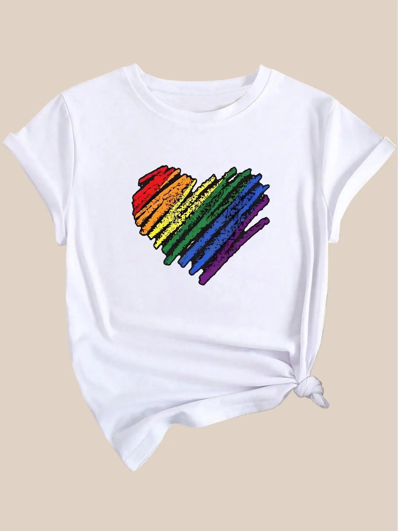 White Rainbow Heart Graphic Print Short Sleeve Women's Cotton T-Shirt