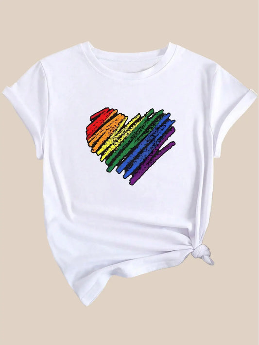 White Rainbow Heart Graphic Print Short Sleeve Women's Cotton T-Shirt