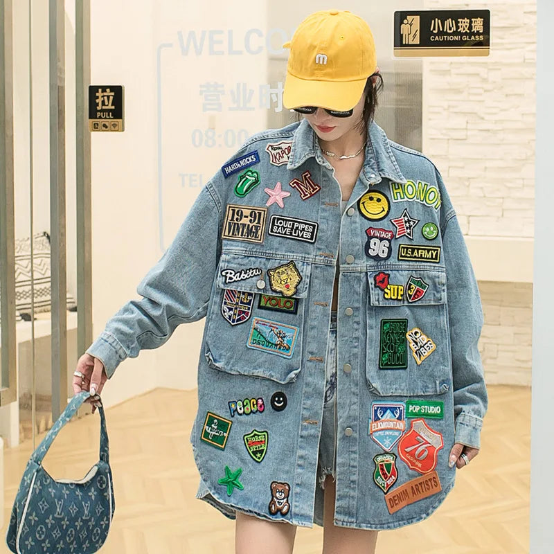 Denim Patch Design Turn-Down Collar Hip-Hop Embroidered Women's Streetwear Button-Up Jean Jacket