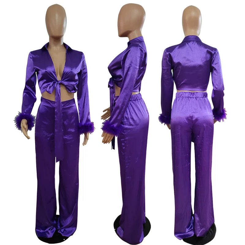 Silky Satin Feather Design Long Sleeve Lace Up Cropped Blouse + Wide Leg Pants 2-Piece Set